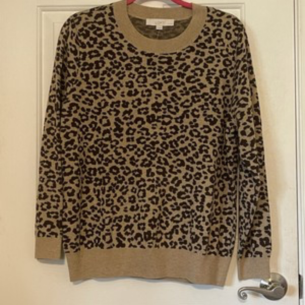 Loft Classic Crew Animal Print All Season Sweater NWT Sz. XL Petite Beige/Black